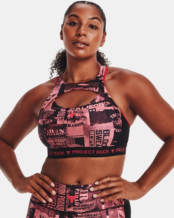 Women's Project Rock Crossback Printed Sports Bra in Pink image number 3